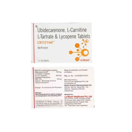 Ubidecarenone L-Carnitine Lycopene Bulk Exporter CRITIZYME 100MG/500MG/20MG TABLET Third Contract Manufacturer